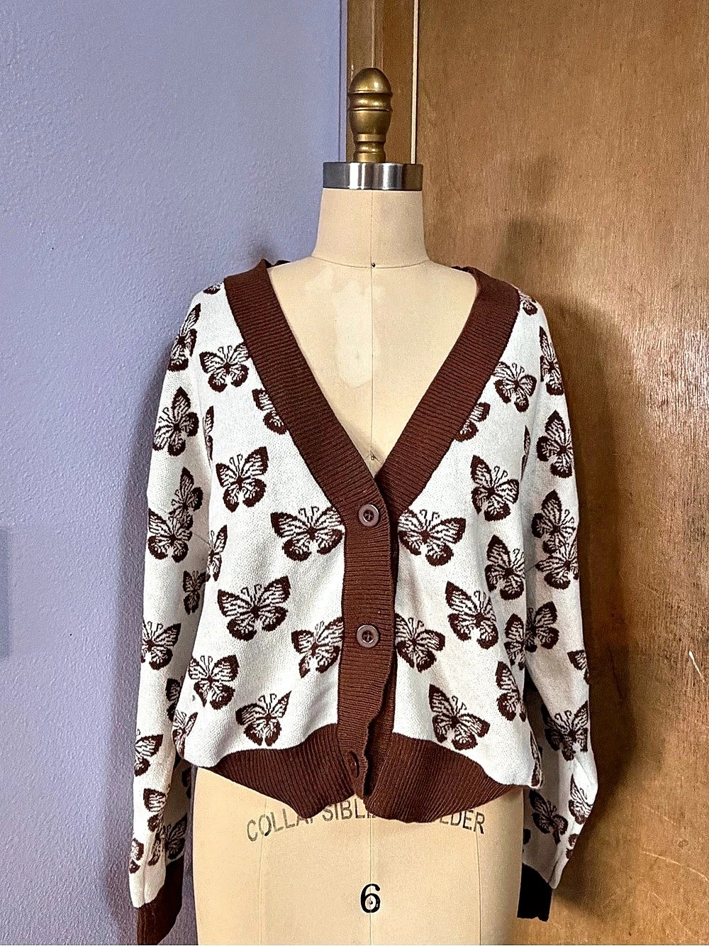 Social Scene Butterfly Pattern Cardigan Brown & White Large
